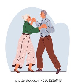 Old couple dance. Vector illustration. Happy old man and woman dancing with joy. Cute lovely senior couple of woman and man dancing. Active elderly females and males moving to music