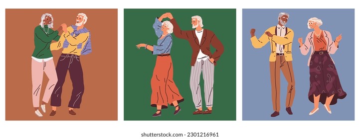 La pareja de ancianos baila. Ilustración vectorial. Hombre y mujer se toman de las manos y demuestran movimientos de baile. Abuela y abuelo en el baile. Pareja jubilada bailando juntos. Gente mayor divirtiéndose