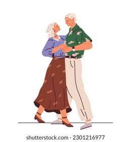 Old couple dance. Vector illustration. Grandpa does dance support, grandma. Elderly couple dancing at party. Cartoon old man and woman dancing. Happy grandmother and grandfather couples hugging