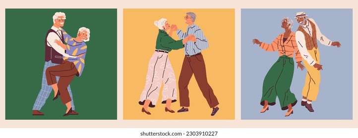 La pareja de ancianos baila. Ilustración vectorial. Famoso baile de pareja de ancianos. Personas mayores románticas relaciones amorosas. Abuela abuela celebrando el aniversario de la boda. Feliz abrazo a anciana