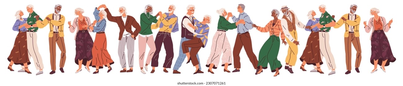 Old couple dance. Vector illustration. Grandpa does dance support, grandma. Elderly couple dancing at party. Cartoon old man and woman dancing. Happy grandmother and grandfather couples hugging