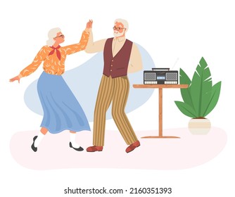 Ilustración vectorial plana de danza de pareja vieja. Feliz bailarina y mujer mayor divirtiéndose con la música. Los abuelos mayores disfrutan de un tiempo activo juntos