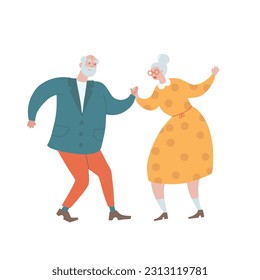 Vieja pareja bailando con humor. Clase de baile para ancianos. Ilustración vectorial plana dibujada a mano aislada.