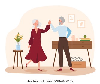 Old couple dancing. Grandparents in apartment stand against background of piano. Joint vacation, happy family spending time together. Hobby abd leisure, entertainment. Cartoon flat vector illustration