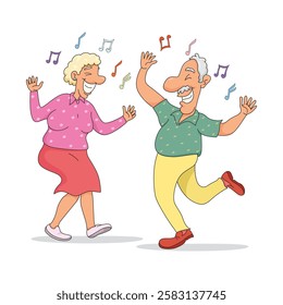 Old Couple Dancing. Happy funny senior. Illustration, Vector, Cartoon.