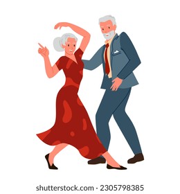 Old couple dancing to music together vector illustration. Cartoon isolated man in formal suit and woman in red dress dance, funny elderly retired dancers perform retro glamour swing or jazz motion