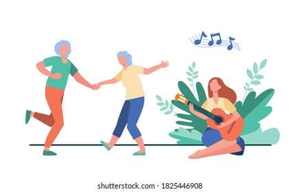 Old couple dancing at outdoor party. Young woman playing guitar, flat vector illustration. Old people in retirement having fun activity. Concept for banner, website design or landing web page