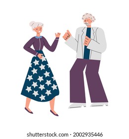 Old couple dancing and smiling isolated on white background, cartoon senior man and woman in fun retro dance together. Flat vector illustration of active grandparents.