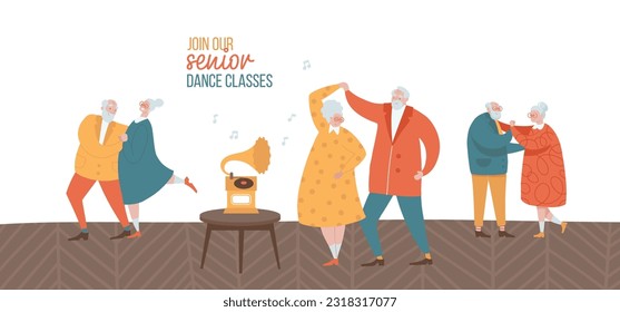 Old couple dancing together. Active elderly dancer group and senior couple having fun in dance class. Retired community music party. Flat hand drawn vector illustration