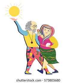 old couple dancing.Funny hippie cartoon senior couple dancing,poster old people. poster senior. party