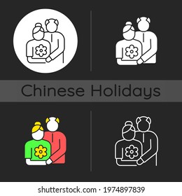 Old couple dark theme icon. Honor senior citizens day. Double ninth festival. Organizing outings for retirees. Linear white, simple glyph and RGB color styles. Isolated vector illustrations