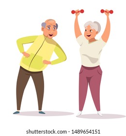 Old couple doing fitness flat vector illustration. Elderly pair, wife and husband in sportswear cartoon characters. Active retirement, healthy lifestyle. Happy seniors do physical exercises