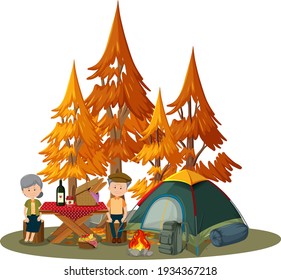 Old couple doing picnic in the park isolated illustration