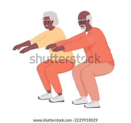 Old couple doing squats semi flat color vector characters. Editable figures. Full body people on white. Sports exercises simple cartoon style illustration for web graphic design and animation
