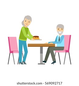 Old Couple Eating Cake At The Table, Smiling Person Having A Dessert In Sweet Pastry Cafe Vector Illustration
