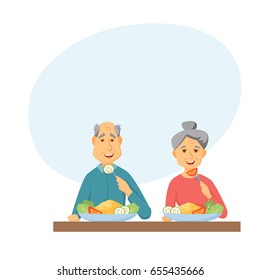 Old couple eating healthy food at home together. Elderly man and women in having breakfast or dinner