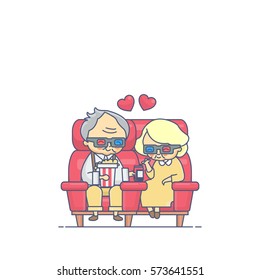 Old Couple Eating Popcorn and Watching Movies vector Illustration