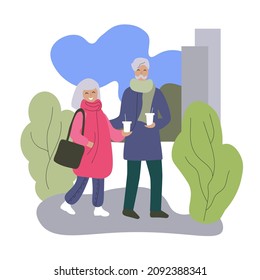 old couple elegant avatar walking city park 
character vector illustration design