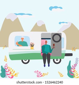 Old couple enjoying time together and having a drink in camper van. Motorhome parked near beautiful mountain scenery. Flat cartoon style. Vector illustration.