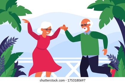 Vieja pareja disfrutando de vacaciones y bailando. Partido tropical, relación, divertida ilustración vectorial plana. Actividad de jubilación, concepto de estilo de vida para banner, diseño de sitio web o página web de aterrizaje