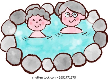 Old couple enter the hot spring