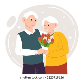 Old couple with flower. Elderly man gives gift to his wife, strong relationship. Characters hug, care and support. Summer or spring day, romantic scenes, love. Cartoon flat vector illustration