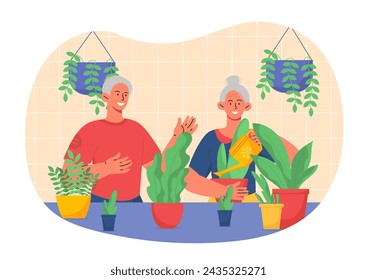 Old couple with flowers. Elderly man and woman watering plants indoor. Gardening and horticulture. Botany and floristry. Comfort and coziness indoor. Cartoon flat vector illustration