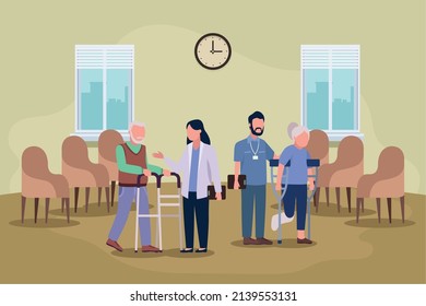 pareja de ancianos con personajes de medicina geriátrica