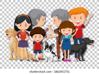 Old couple and grandchild with their pet dogs isolated on transparent background illustration
