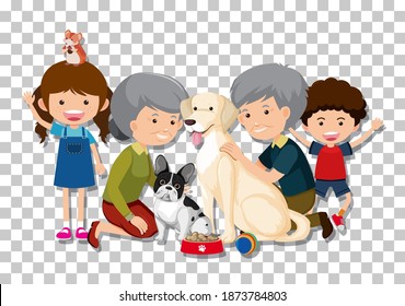 Old couple and grandchild with their pet dogs isolated on transparent background illustration
