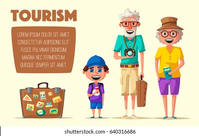 Old couple and grandchild in travel. Journey of grandparents. Cartoon vector illustration