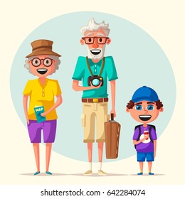 Old Couple And Grandchild In Travel. Journey Of Grandparents. Cartoon Vector Illustration