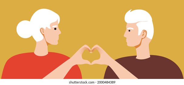 Old couple, hands with heart. Flat vector stock illustration. The gray-haired man and the elderly woman love. People of different ages. Significant other. Illustration for February 14 or Valentine