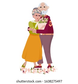 Old couple are happy. Senior celebrate valentine day. Greeting card for grandparents day. Grandmother stands with wild flowers, grandfather hugs her. Vector flat illustration of longevity and love.