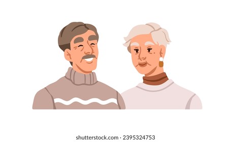 Old couple. Happy senior people, married elderly man and woman. Aged husband and wife, spouse portrait. Older retired male and female characters. Flat vector illustration isolated on white background