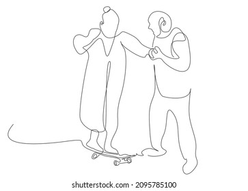old couple having fun together. old husband makes his wife use a skateboard