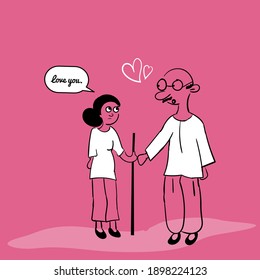 Old couple is having a lovely time, old lady is saying, love you.