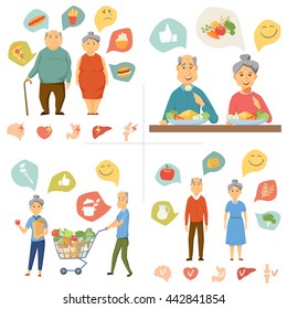 Old couple healthy food infographics. Junk food, human organ chart. People lifestyle concept. Diet. Man and woman eating and shopping food.