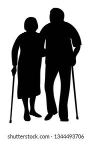 Old Couple Holding Hands Walking In The Park Silhouette. Grandfather And Grandmother Stand Together Leaning On Cane. Vector Illustration Isolated On White.