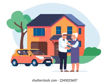 Old couple with house. Senior family in front of mansion. Home and car. Grandparents townhouse. Elderly people happiness. Residential building. Retired wife and husband