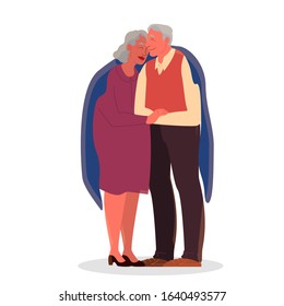 Old couple hug each other. Elderly people spend time together. Woman and man on retirement. Happy grandfather and grandmother at home. Vector illustration in cartoon style