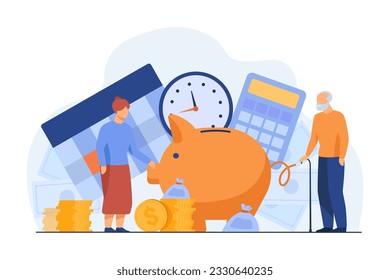 Old couple with huge piggybank and savings vector illustration. Elderly man and woman planning budget, piggy bank, calculator, stacks of coins. Retirement, financial management, investment concept