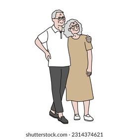 Old couple hugging cartoon vector illustration minimal line art style	