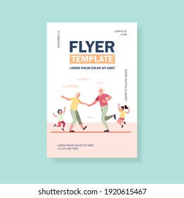 Old couple and kids dancing at family party. Having fun, grandparents, grandchildren flat vector illustration. Generation, happy retirement concept for banner, website design or landing web page