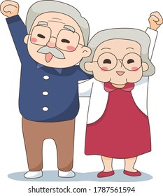 Old couple lift their arms to show how happy they are together