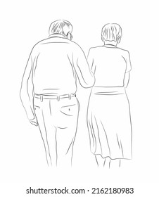 Old Couple In Line Art Drawing Style. Back View Of Senior People Walking Together And Talking. Minimalist Black Linear Sketch Isolated On White Background. Vector Illustration