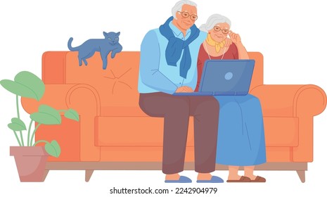 Old couple looking at laptop screen together. Granparents video call isolated on white background