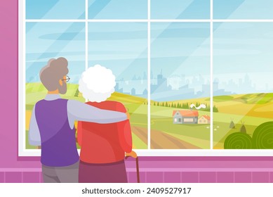 Vieja pareja mirando por la ventana al paisaje rural de verano. Abuelos parados con espaldas y abrazos, abuela y abuelo se relajan, disfrutan de la naturaleza y de la calma vista ilustración vectorial