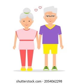 Old couple in love. Elderly lifestyle. Seniors activities. Grandparents healthy lifestyle. Active adult family people riding bicycle, old man woman sport training. Flat vector illustration.