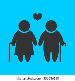 Old couple love people icon flat. Simple vector black pictogram on blue background